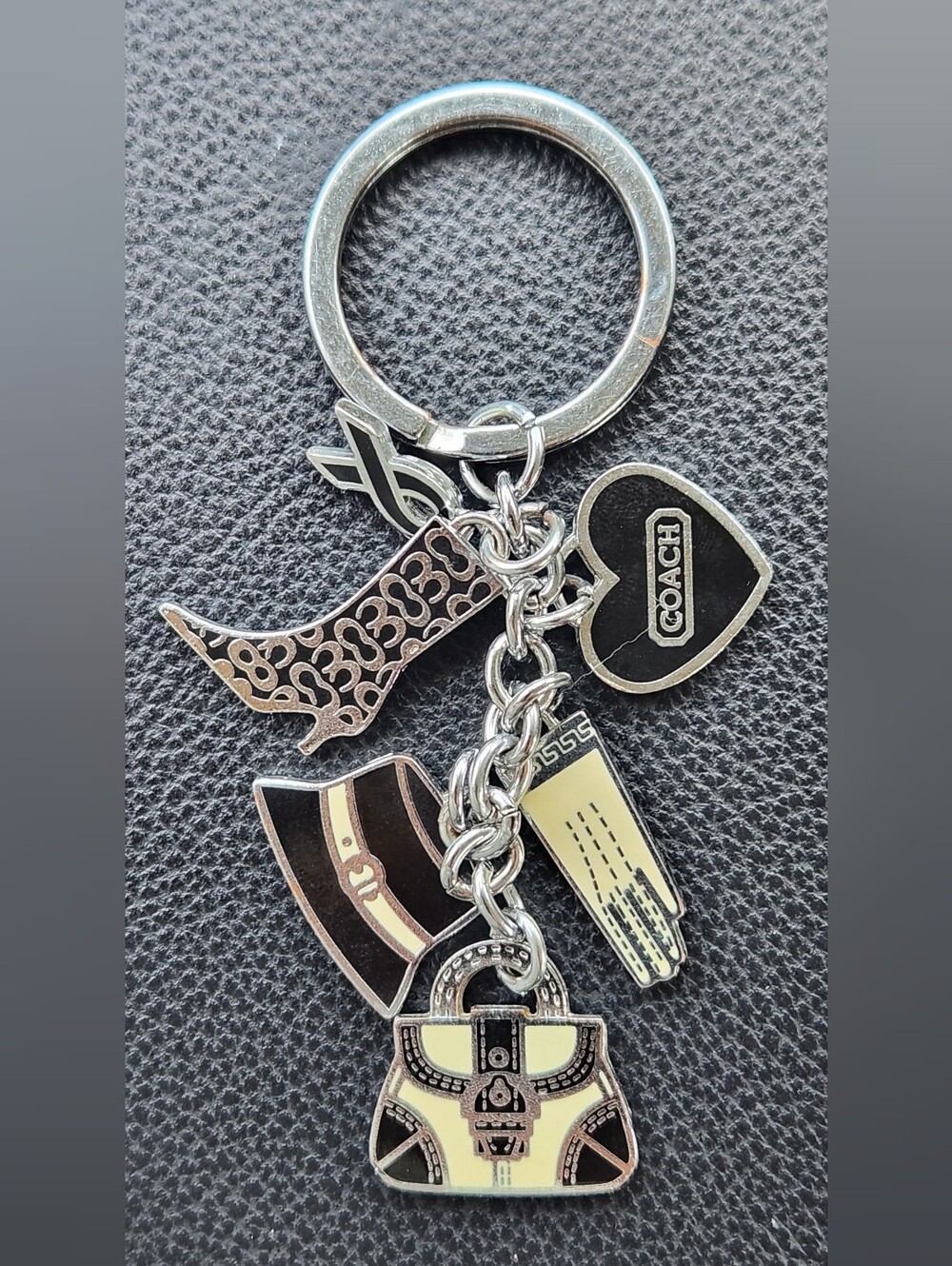 Coach Silver-Tone Black & Cream Enamel Charm Keychain